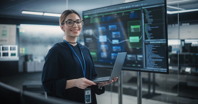 Woman with a laptop standing next to a screen with data